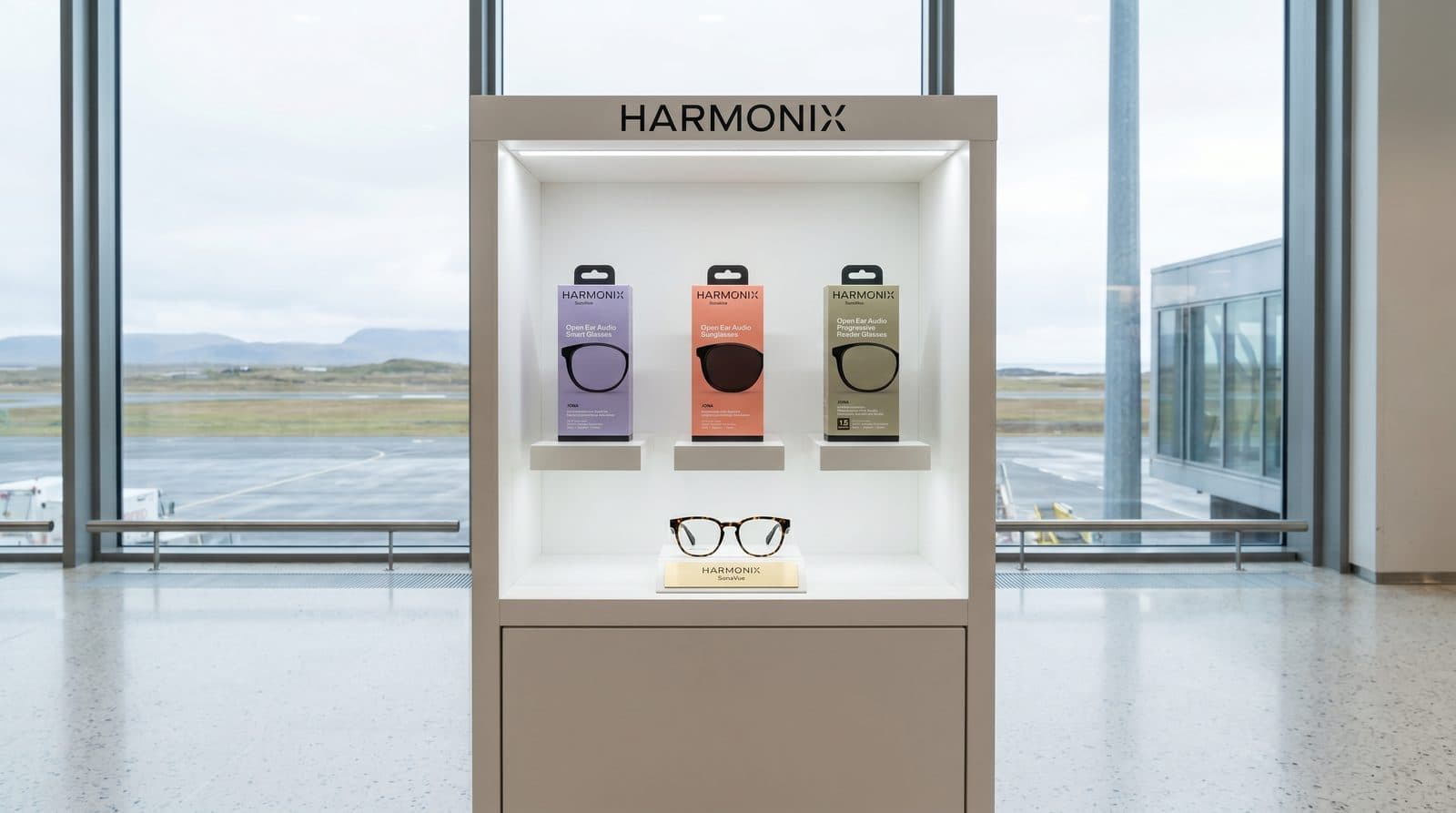 Frístandandi hvít Harmonix-sýningareining sem heldur uppi þremur SonaVue-módelum í kössum fyrir ofan gleraugu, fyrir framan gólfsíðan flugvallarglugga með útsýni yfir flugbraut og íslenskar hæðir.