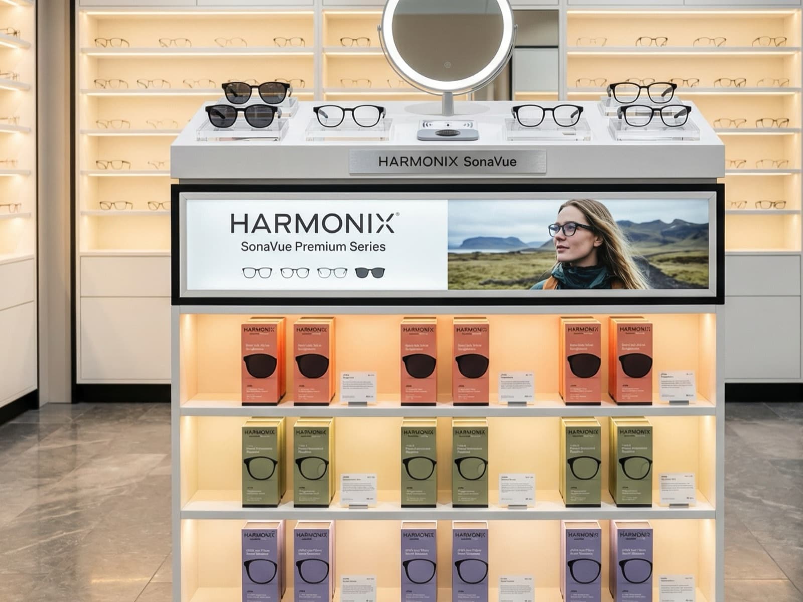 Frístandandi Harmonix SonaVue-sýningarstandur í gleraugnaverslun, með umgjörðum til mátunar og upplýstum spegli að ofan og vöruúrvali í kössum í þremur upplýstum hillum að neðan.